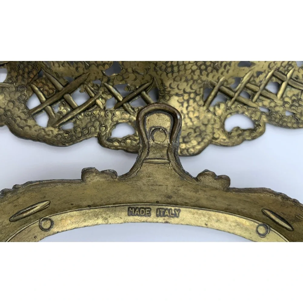 Brass Patina Ornate Reticulated Oval 2pc Basket Base Potmetal Italy CT7 Vtg 60s
